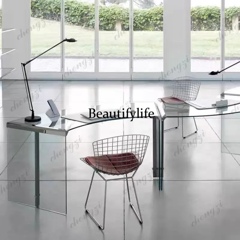 A68Italian minimalist fan desk designer modern tempered glass desk writing desk