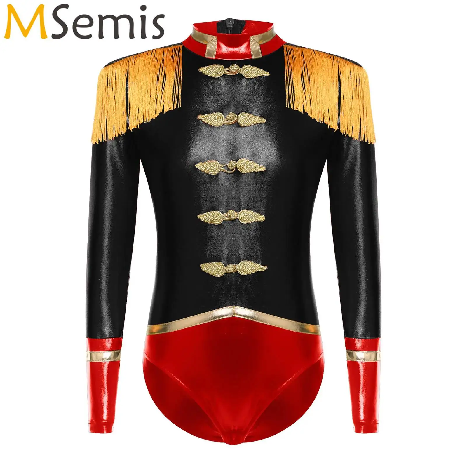 

Kids Girls Circus Ringmaster Cosplay Costume Ringleader Drummer Major Halloween Outfits Tassel Epaulets Buttons Leotard Jumpsuit