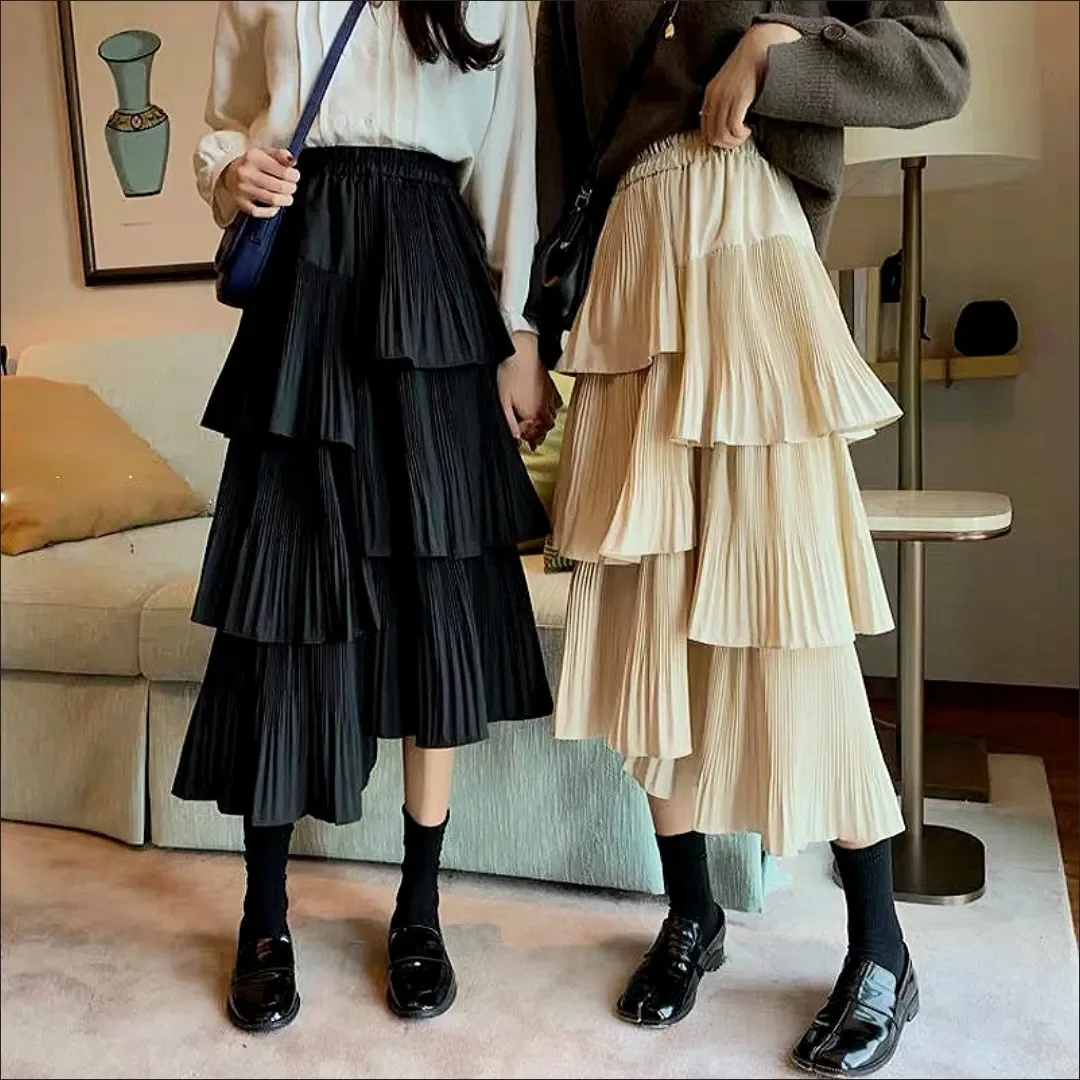 Asymmetric Pleated Cake Skirt Women's Versatile Medium And Long Ruffle Irregular Skirts Female Fashion 2024 New Pleated Women's