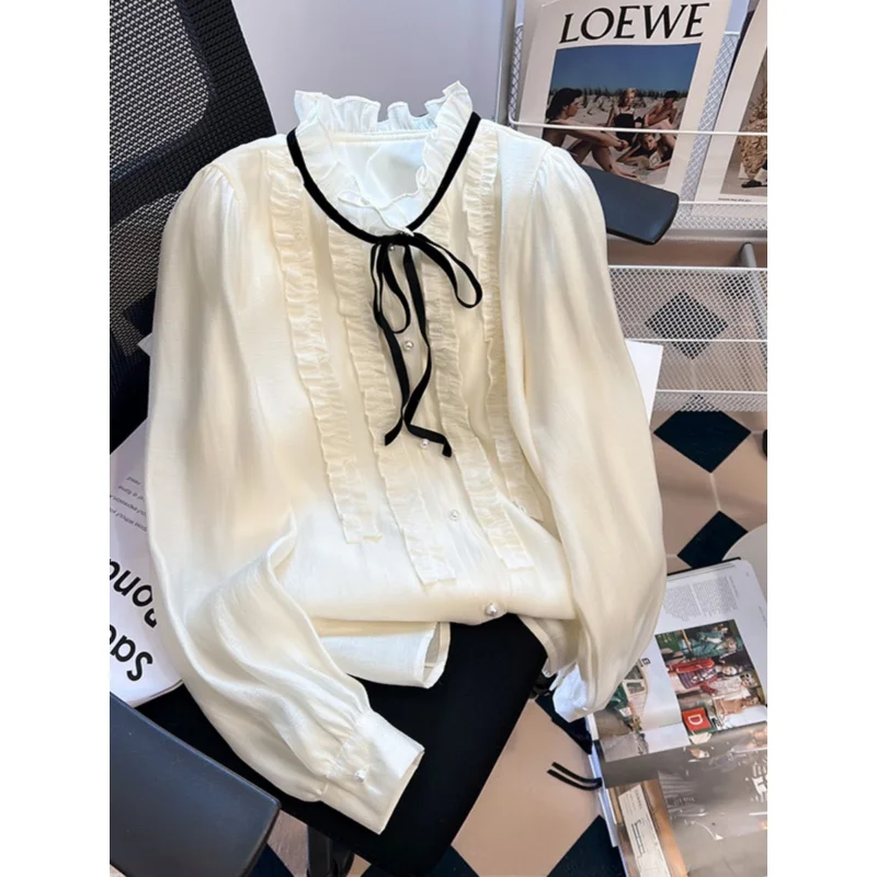 

Classic Style Bow Shirt Women's Spring and Autumn Gentle Wooden Ear French Retro Court Lace-up Long Sleeve Chiffon Top