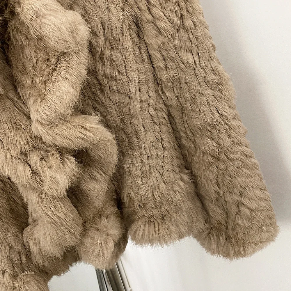 OFTBUY Weiche, leise, luxuriöse neue Winteroberbekleidung für Damen, handgestrickte Echt-Kaninchenfelljacke, gerüschter V-Ausschnitt, kurzer Pelzmantel für Damen – Detail 5