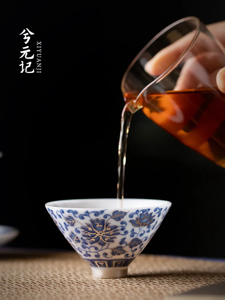 Ice-like Blue and White Interlock Branch Teacup Bamboo-Hat Type Cup Single High-Grade Household Porcelain Set