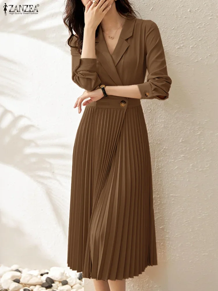 ZANZEA 2025 Jesienna Elegancka Sukienka z Kołnierzykiem, Długi Rękaw, Sukienki Biurowe Damskie, Jednolita Plisowana Sukienka Letnia, Stylowa Sukienka Midi z Podkreśloną Talia, Vestido