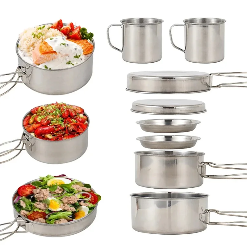 8 pcs/set camping cookware mess kit stainless steel cooking pot and pan set with plates cups for outdoor hiking backpacking