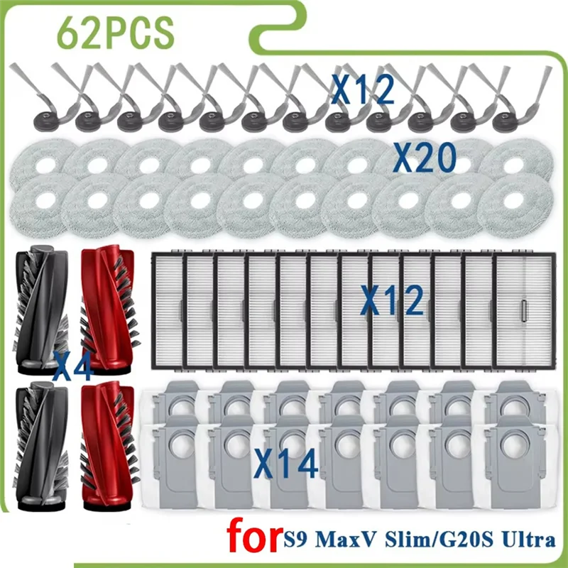 Kit de acessórios para roborock s9 maxv slim/g20s ultra peças de vácuo rolo principal escova lateral filtro esfregão pano saco de pó a