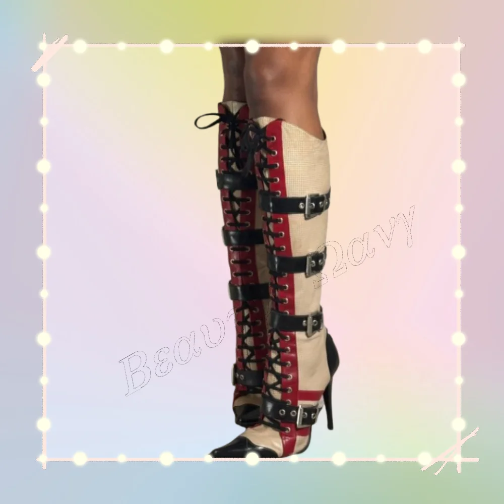 

Red Khaki Cross Tied Pointed Toe Boots Side Belt Thin Heels Shoes Knee High Shoes for Women Shoes 2025 Zapatos Para Mujere