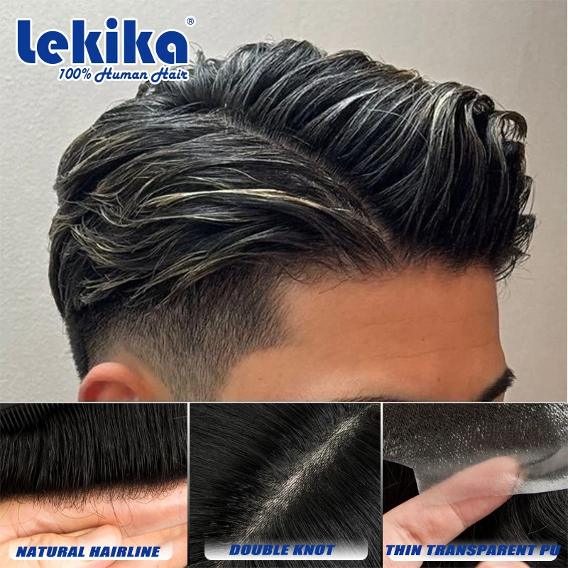 

0.08mm PU Toupee Knotted Human Hair Weave Replacement Male Hair Prosthesis Natural 100% Human Hair Wigs Exhaust Wigs For Men