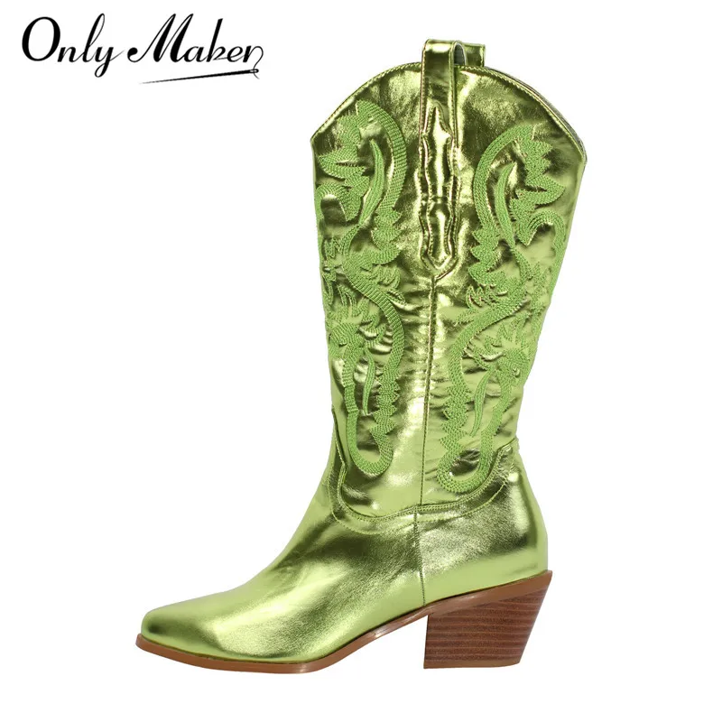 

Onlymaker Women Western Cowboy Boots Green Wide Calf Embroidered Pointed Toe Block Heel Pull-On Cowgirl Mid-Calf Booties