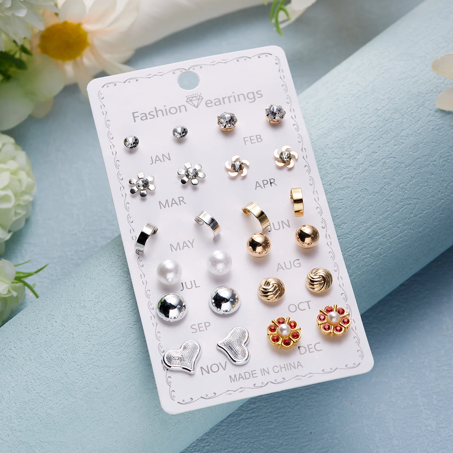 12 Pairs Combination Earrings Set for Women Shiny Rhinestone Flower Heart Star Piercing Stud Earring Girls Party Jewelry Gifts