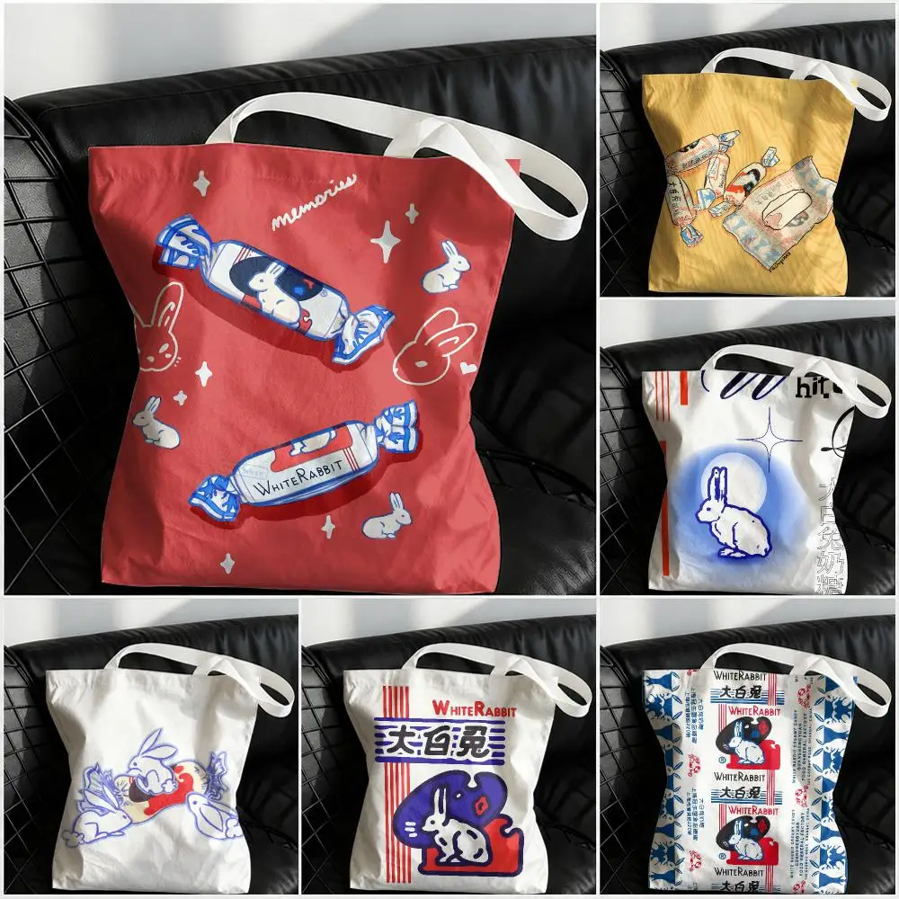 White Rabbit Illustration Storage Bags Large Structured Canvas Tote Bag Reusable Shopping Shoulder Bag Casual Handbag