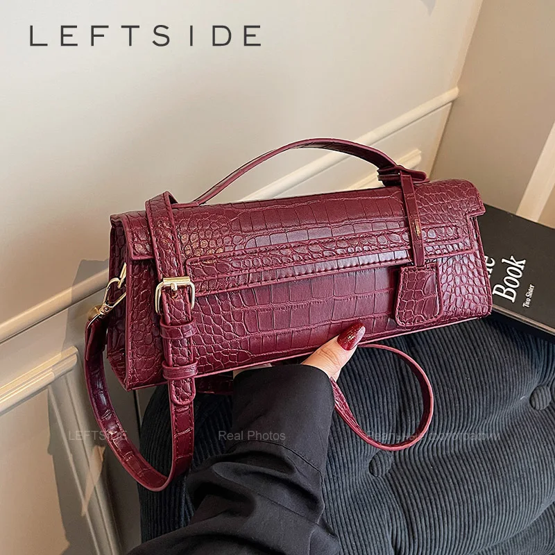 

LEFTSIDE 2025 New Luxury Small PU Leather Stone Pattern Handbags and Purses Women Flap Crossbody Bag Short Handle Shoulder Bags