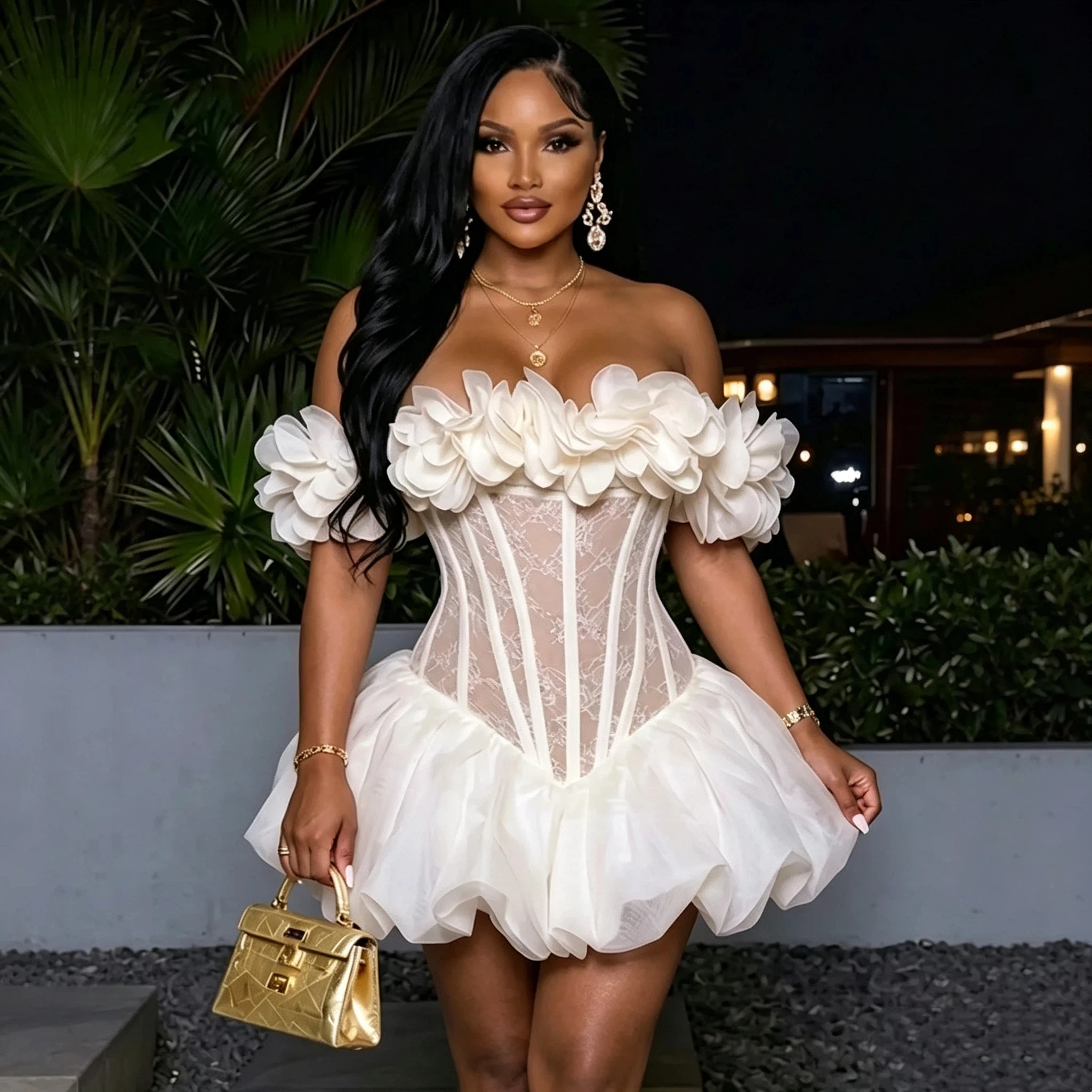 Off Shoulder 3D Floral Party Dress For Black Women Lace Corset Short Evening Dress Birthday Homecoming Prom Dress Customized