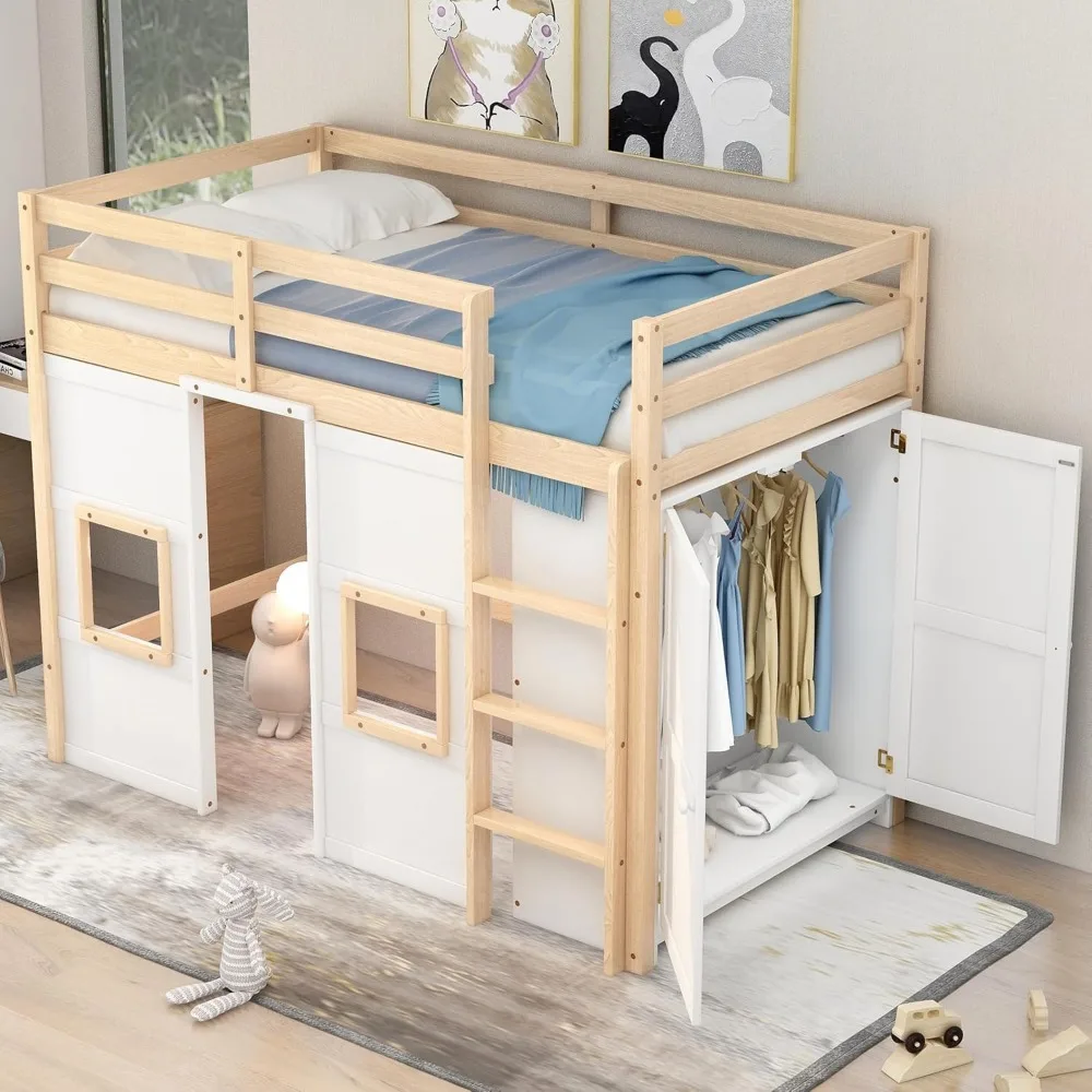 Wood Twin Size Loft Bed Frame with Built-in Storage Wardrobe and 2 Windows, Playful Design Beds with Safety Guardrails and Stair