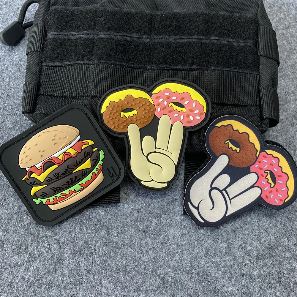 Hamburger Tactical Backpack Sticker Hook&Loop Patches 3D PVC Doughnut Personality Morale Badge Armband Cheeseburger Emblem Patch