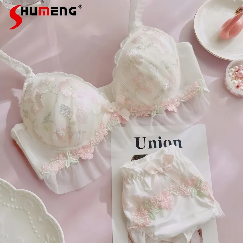

Japanese Sweet Embroidery Intimates for Women Floral Cute Girl Wireless Brief Sets Female Round Sexy Lingerie Bra Suit