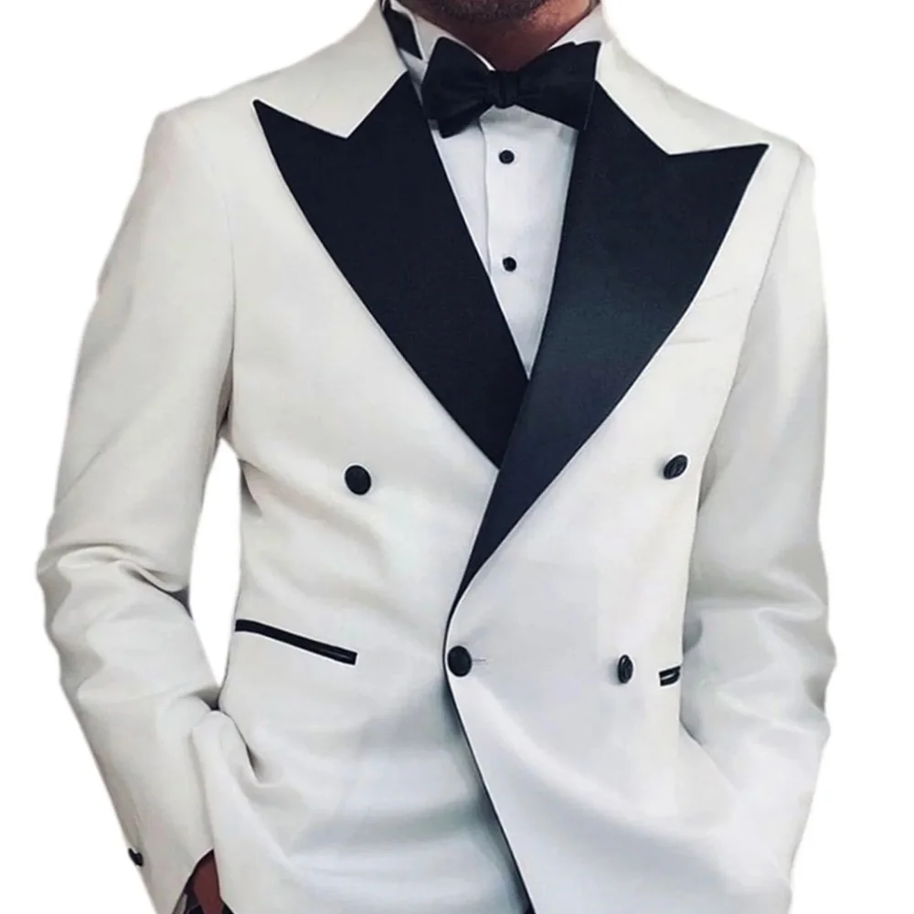 Men Double Breasted Suit White Slim Fit High Quality Wedding Costume Party Prom Black Button Male Only 1 Blazer