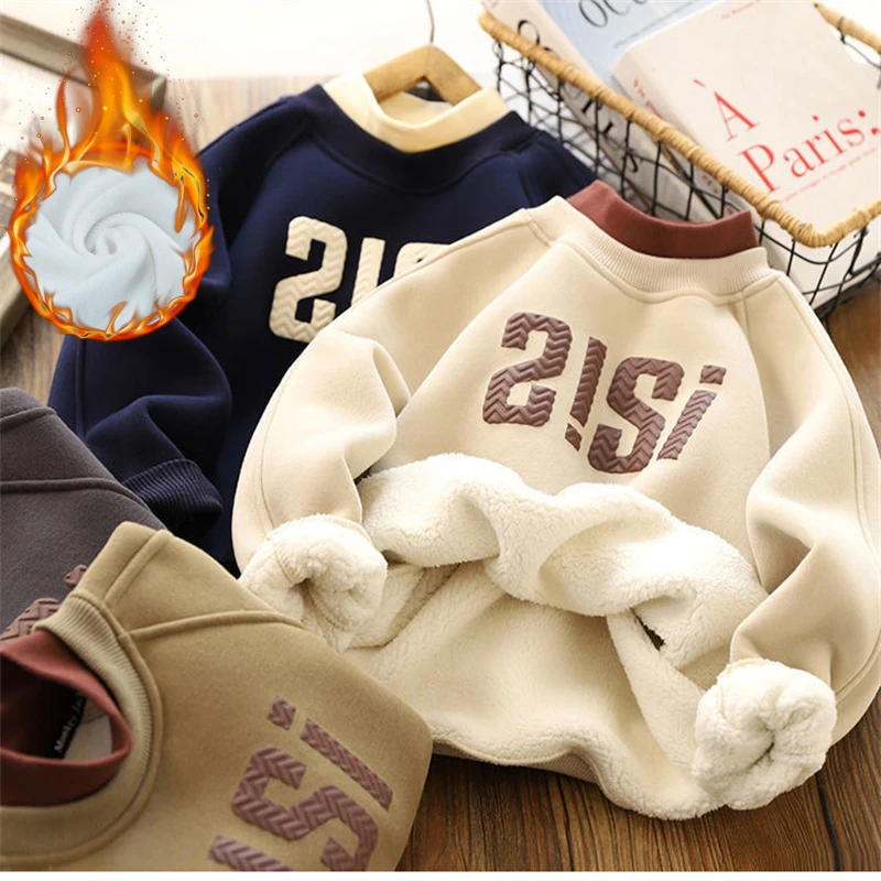 

Boys Letter Printed Sweatshirts Children Thick Warm Casual Pullover Kids Plus Velvet Hoodless Clothes Teenager Sport Shirts