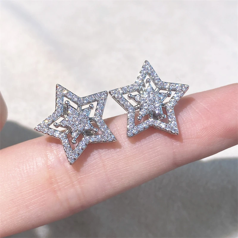 Brillante Kristall-Stern-Ohrringe für Damen, vollständig mit weißen Zirkonia besetzt, einfache Ohrringe, vielseitiger Modeschmuck für den täglichen Gebrauch
