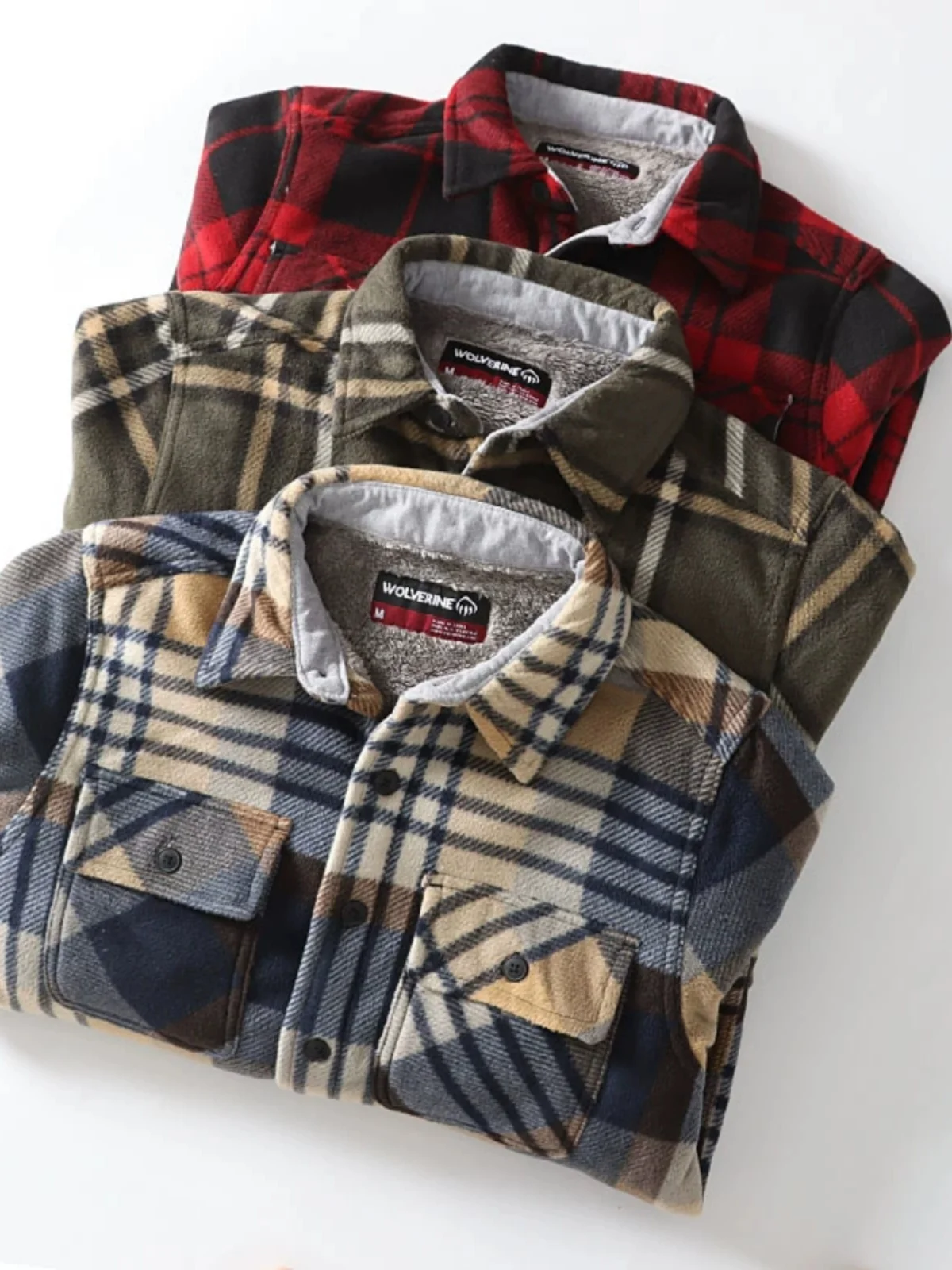 Thickened Fleece Autumn Winter Men's Flannel Plaid Warm Casual Long Sleeve Shirt Stand Collar Open Cardigan Style Polyester F...