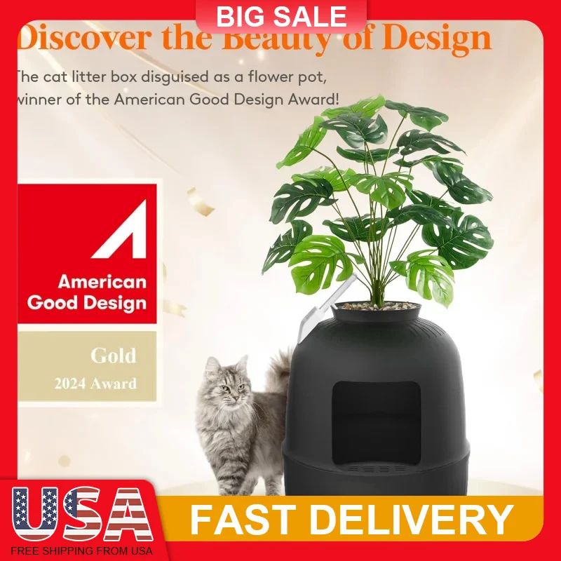 

Litter Box Cat with Faux Plant & Scoop, Hidden Enclosure Litter Tray with Odor Control & Carbon Filter in Living Room