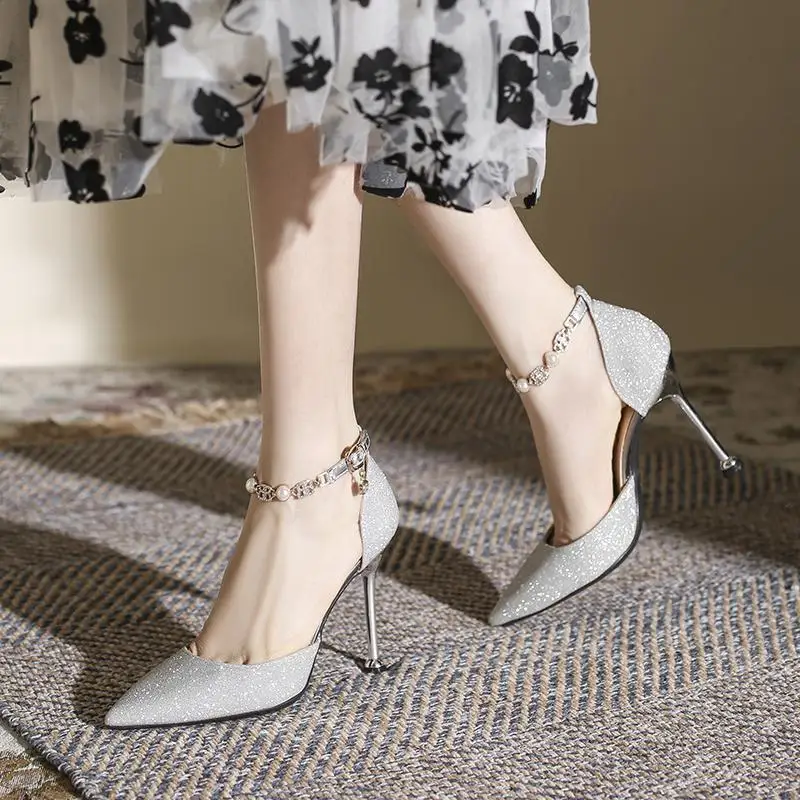 

Women's Single Strap Fine High Heeled Baotou Sandals Pointed Toe Shallow Mouth Metal Buckle Non-Slip High Heels