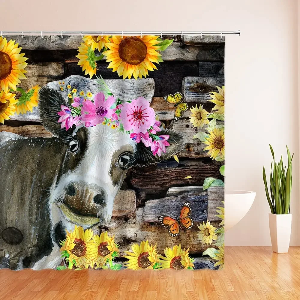 Watercolor Cow Shower Curtain By Ho Me Lili Rustic Sunflower Farmhouse Western Wooden Board Milk  Head Flower Decor Quick Drying