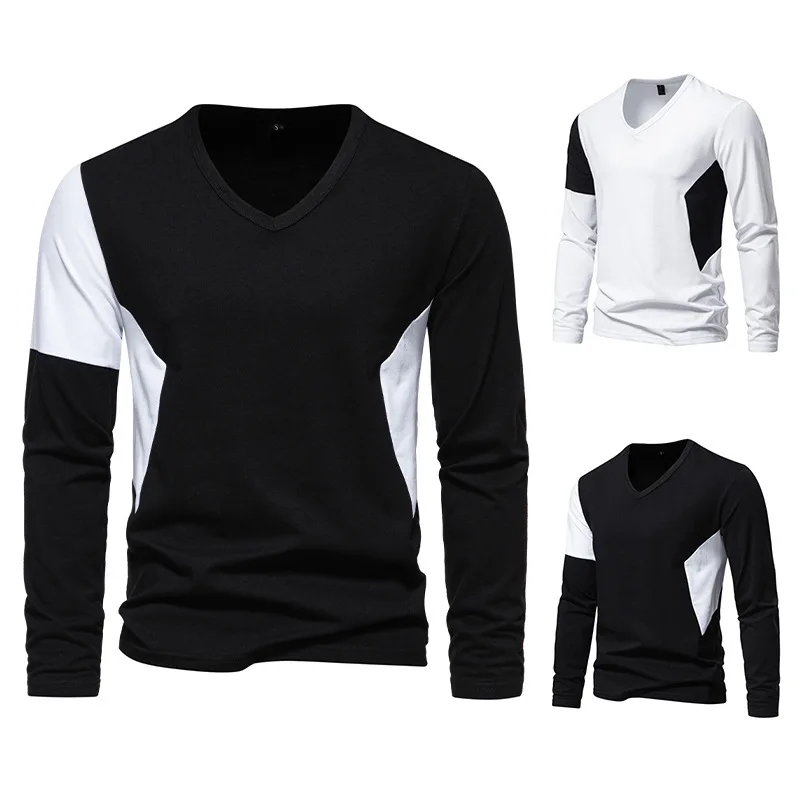 Spring and Autumn New Model Men's V-Neck Long Sleeve British Style T-Shirt Top Trendy D28