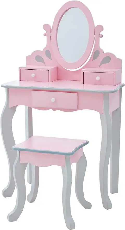 Girls Vanity Set with Mirror & Stool, 3 Storage Drawers, & Rotating Mirror, Little Princess Rapunzel Makeup Dressing Table