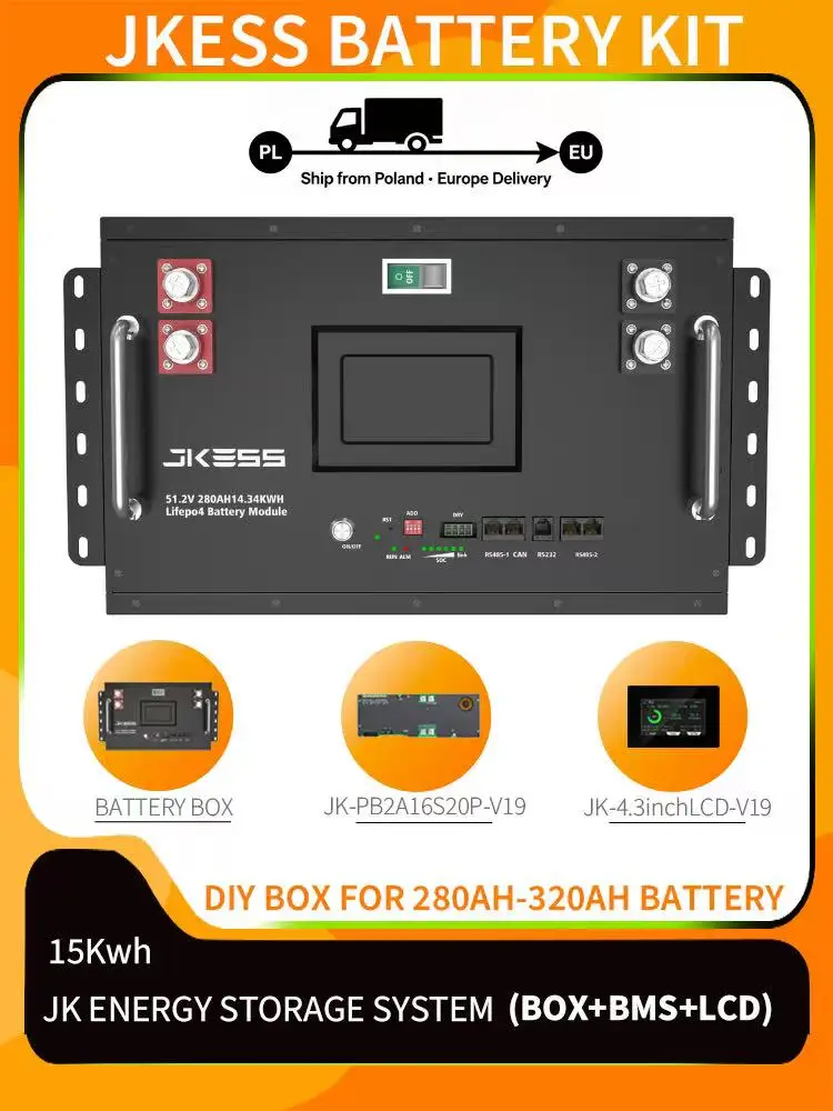 JKESS 15KWH LFP batterijbehuizing met JKBMS PB2A16S20P 4,3" scherm compatibel met 280AH-320AH cellen, EU lokale voorraad, verzending vanuit Polen - afbeelding 2