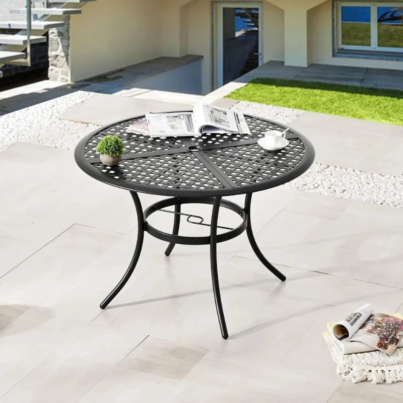 Outdoor Round Cast Wrought Iron Patio Metal Dining Table with Umbrella Hole, Steel Frame for Backyard Lawn Balcony Deck