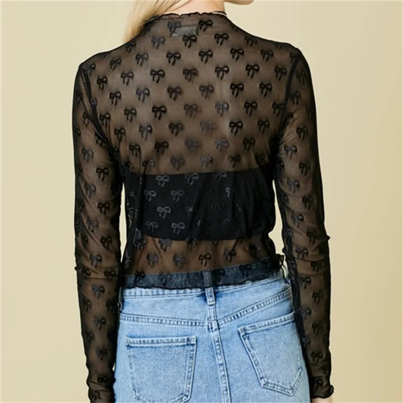 Y2k Cute Mesh See Through Mock Neck Bow Printed Long Sleeve Tops Tee T-Shirt 2025 Spring & Autumn Women's Base Bloues Tops