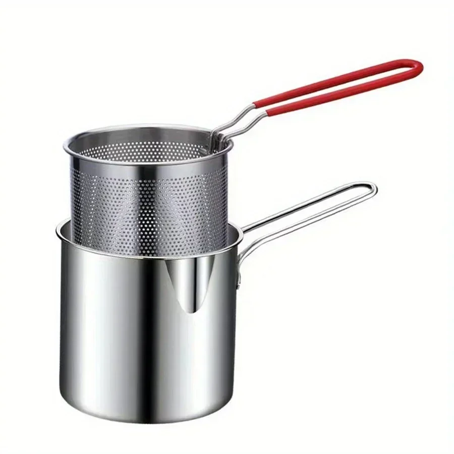 stainless steel fryer with French fries and chicken wings, household small oil pot with filter screen, Tianfu Luo pot