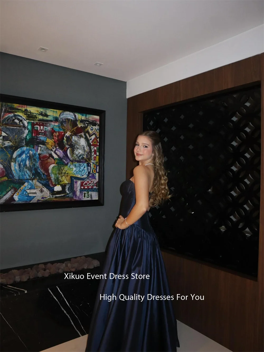 Xikuo azul marinho vestido de noite até o chão uma linha sem alças elegante vestido de festa de casamento vestido de baile vintage personalizado