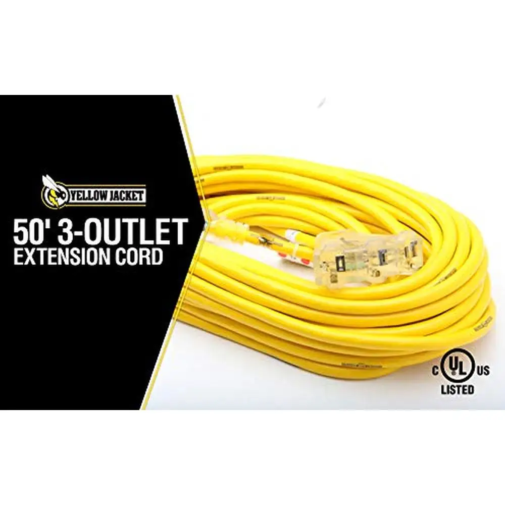 Heavy Duty 50Ft 12 Gauge 3-Outlet Extension Cord Lighted End Weather Resistant SJTW 2827