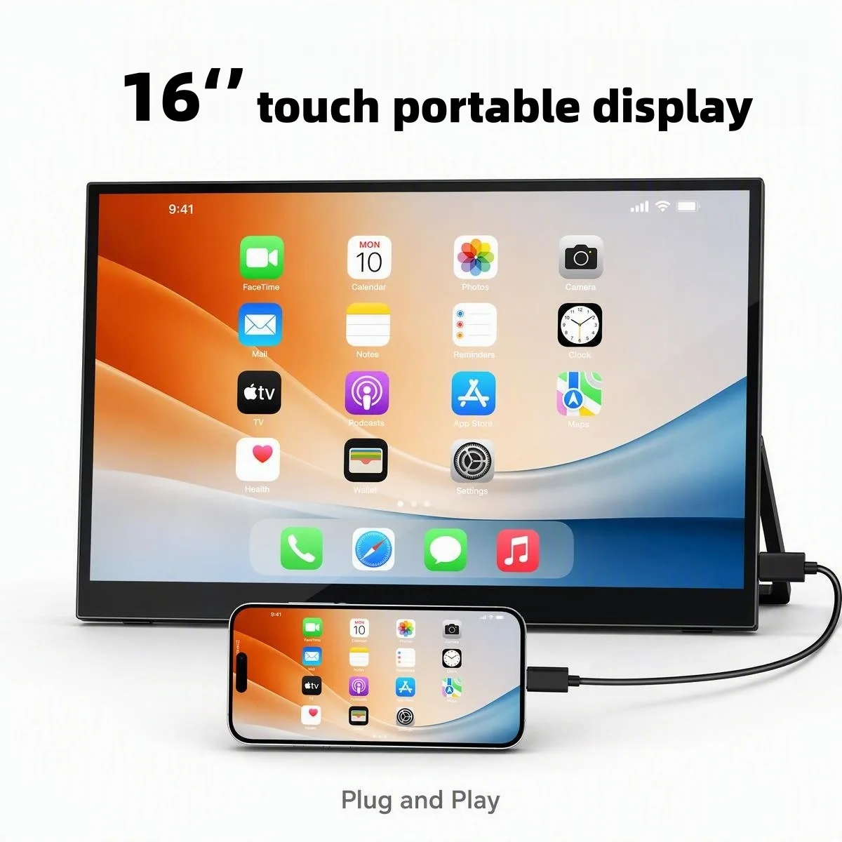 16 inch 1200P 100% SRGB HDR 10 Point Touch Screen Travel Monitor VESA Mounting Bracket, Suitable for Mobile Phones, PCs, and Mac