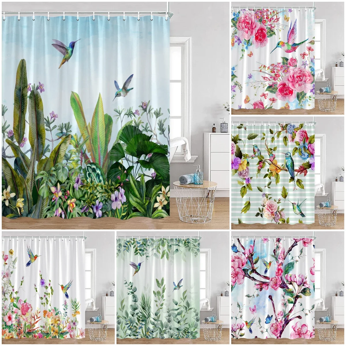 Birds Flowers Shower Curtains Hummingbirds Flowers Green Leaves Plants Greenery Bath Decorations Spring Bath Curtain with Hooks