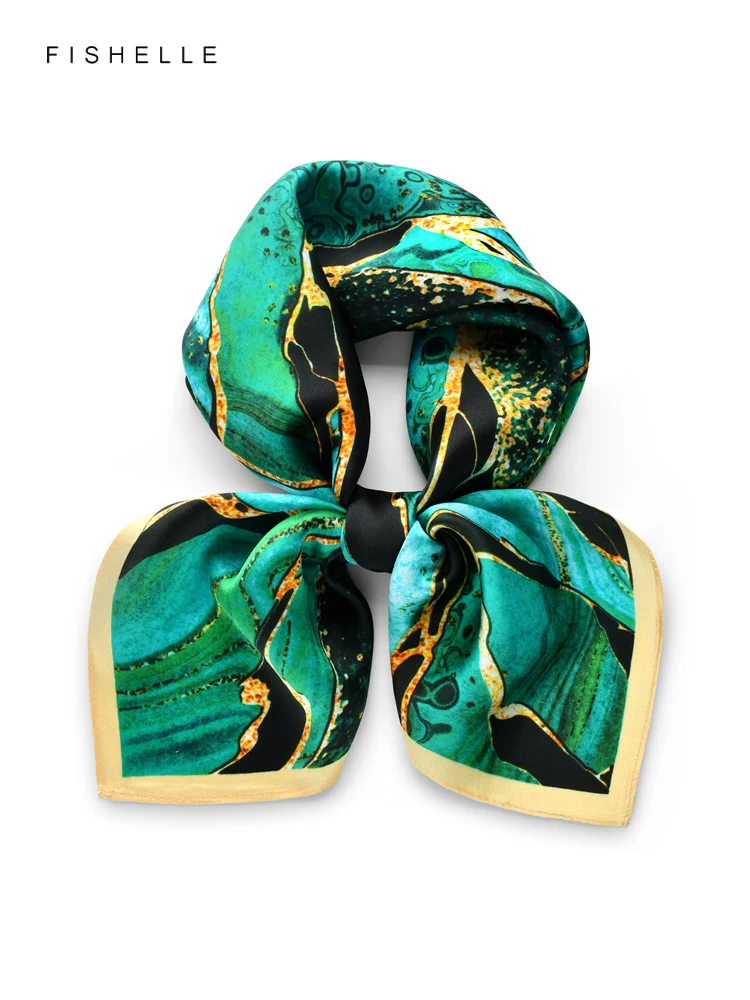 

Green abstract art 100% natural silk scarf satin hijab shawl luxury gift headband 65cm women wrap tie kerchief hairband