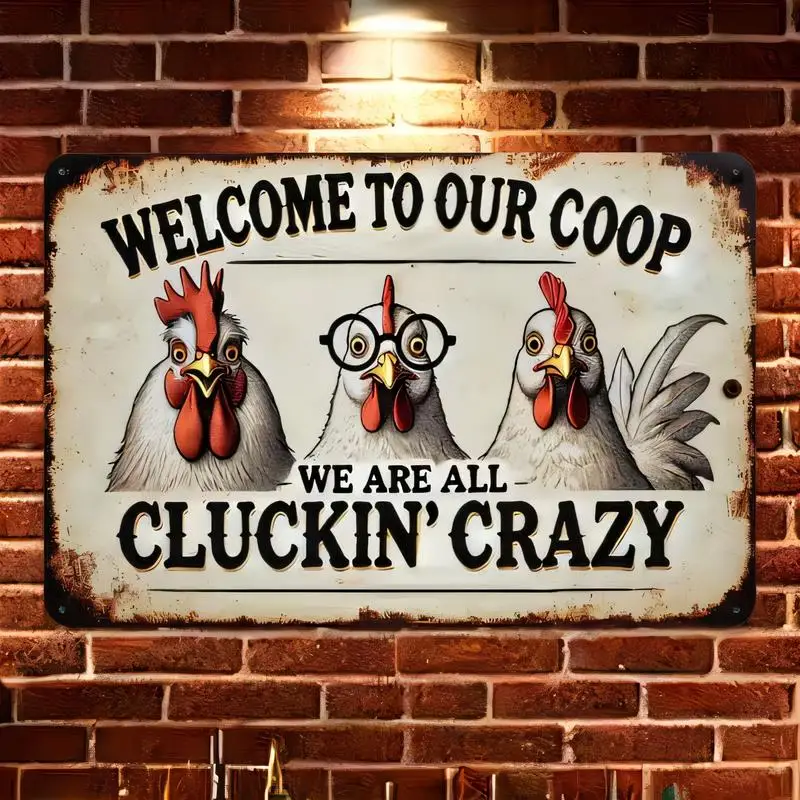 Vintage Distressed Metal Tin Sign - Three Funny Chickens (One w/ Glasses) & Cluckin' Crazy Slogan, Retro Farmhouse/Kitchen/Bar W