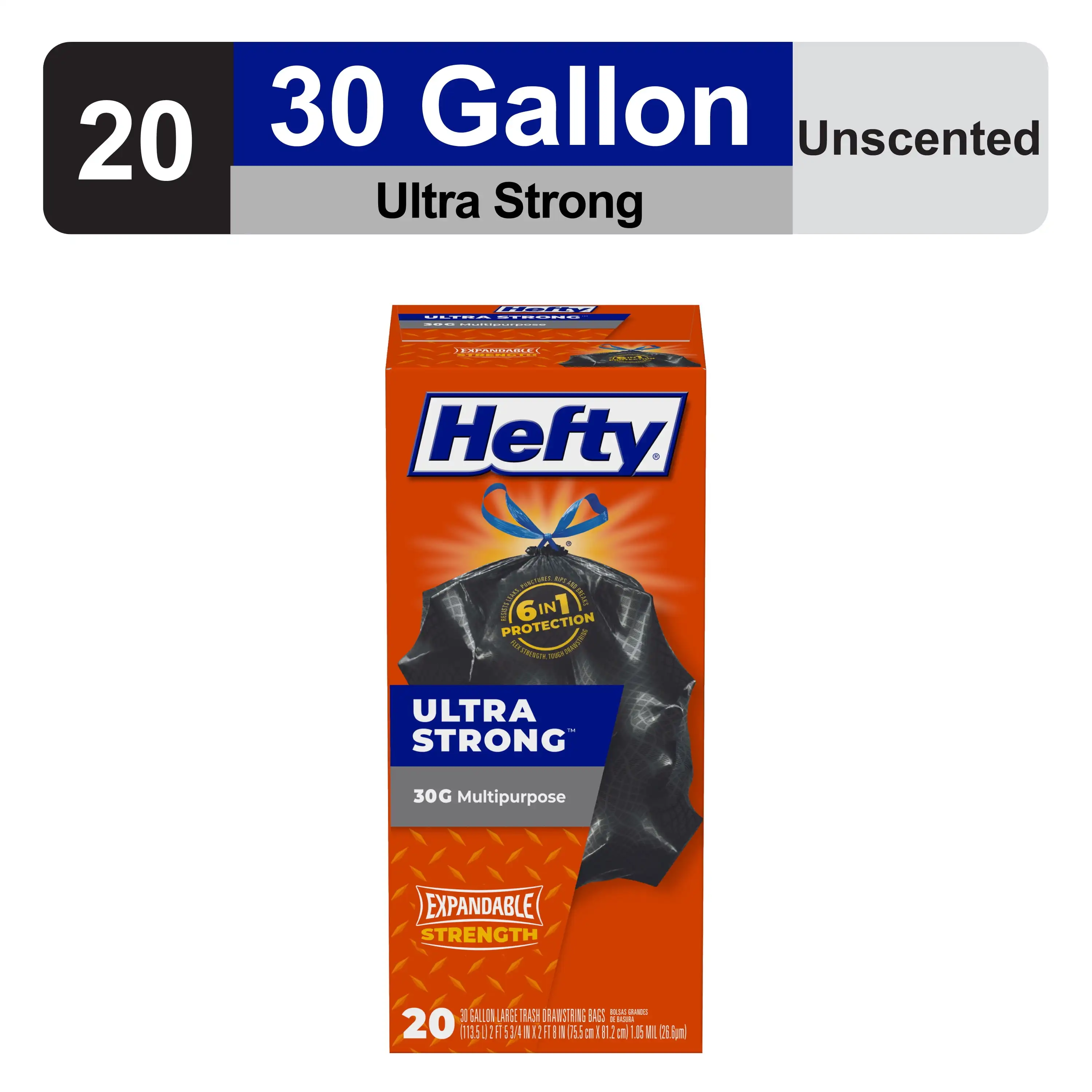 Ultra Strong Multipurpose Large Trash Bags, Black, Unscented, Made with 20% Post-Consumer Recycled Materials 30 gallon, 20 Count