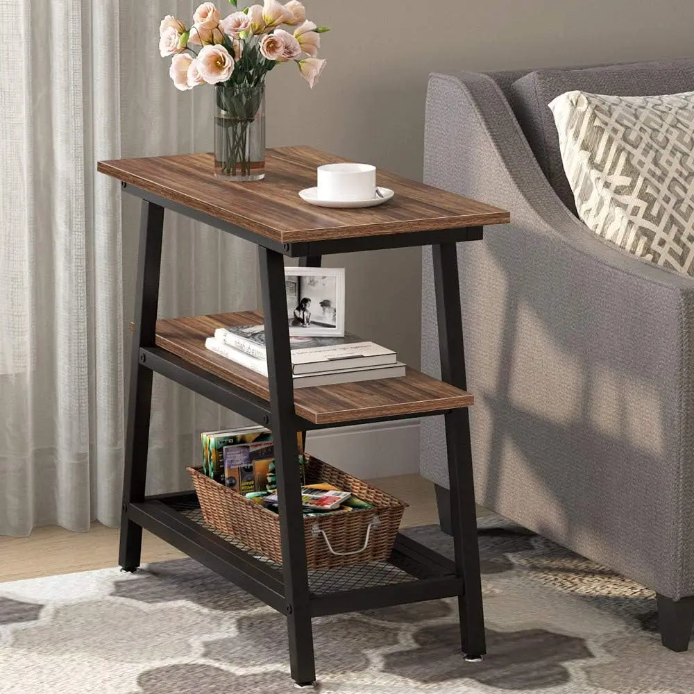 

3-Tier Narrow End Table with Metal Mesh Storage Shelf, Industrial Nightstand Sofa Side Table for Small Spaces, Living Room