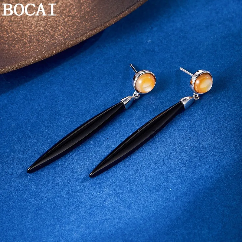 

BOCAI New S925 Sterling Silver Fashionable And Niche Shell Black Agate Long Earrings Women's Selected Gift