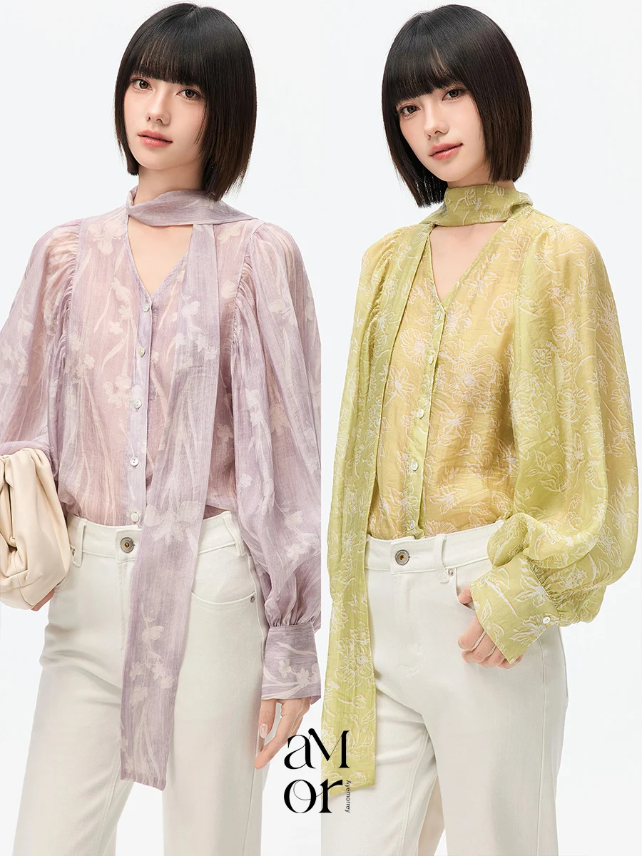 

Женская рубашка Ayemorrey Spring Scene Brightness с цветочным принтом, шелковыми рукавами-фонариками и поясом, повседневный стиль, длинный рукав, смесовая хлопковая ткань