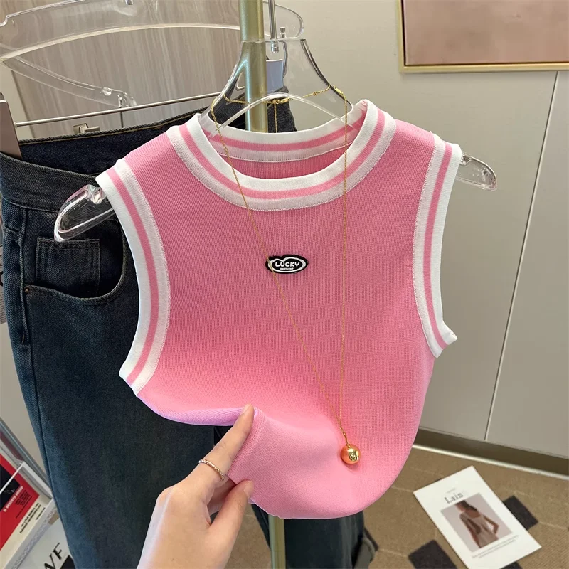 

Новые летние модные полосатые лоскутные вязаные майки женские тонкие повседневные эластичные топы без рукавов с круглым вырезом