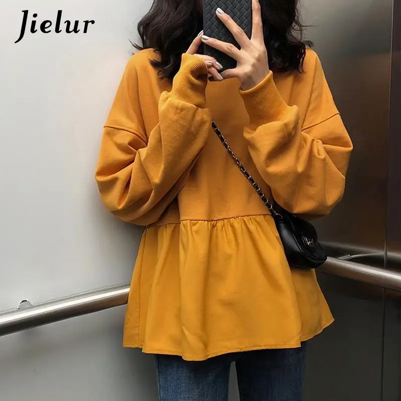 Jielur Women Hoodie Sweatshirts Spring Harajuku Solid Ruffle Long Sleeve Hoodies O Neck Pullovers Casual Loose Thin Sweatshirt