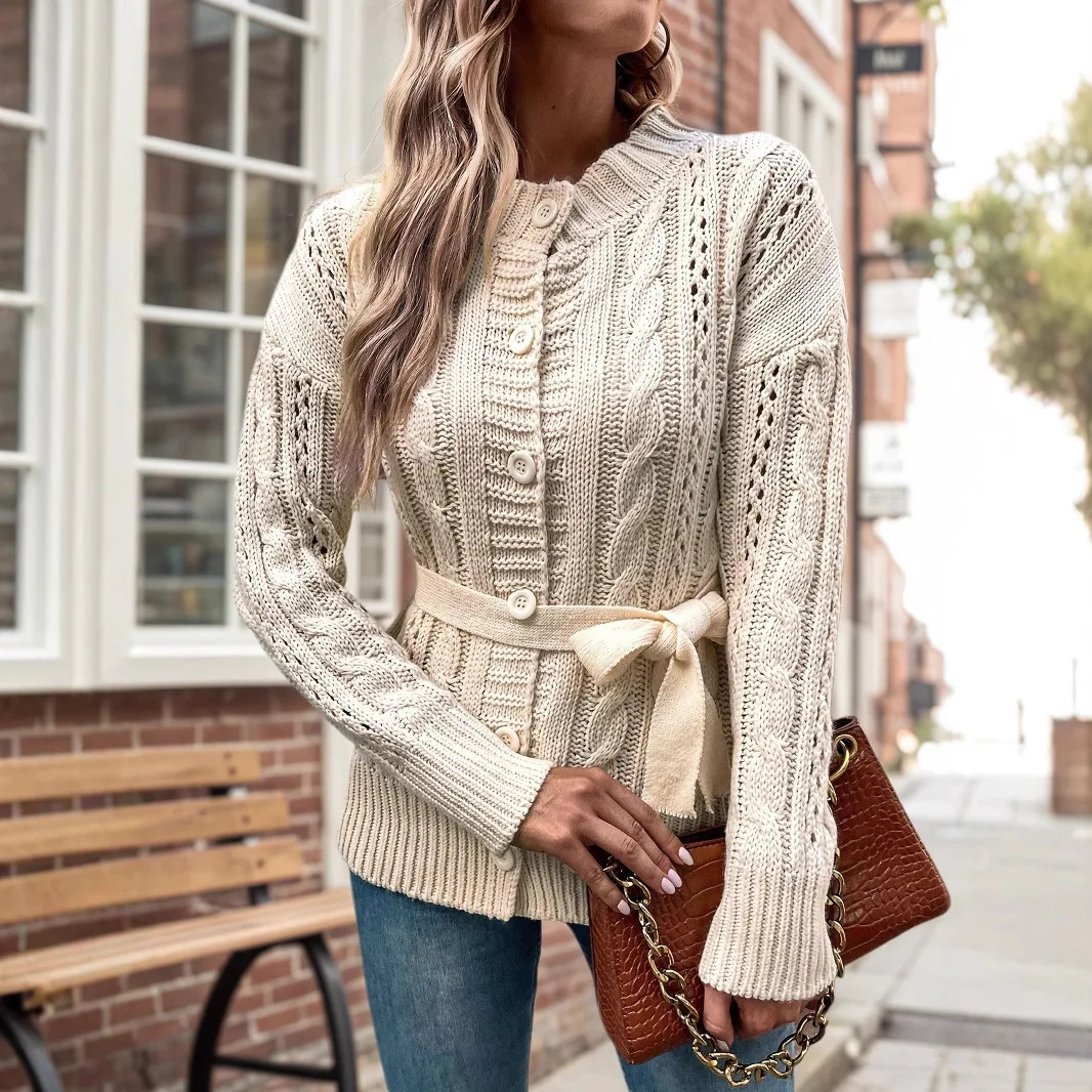 

Cable Knitted Women Cardigan Sweater Y2k Jumper Lace Up O Neck Long Sleeve Single Btreasted Straight Casual 2025 Autumn Winter