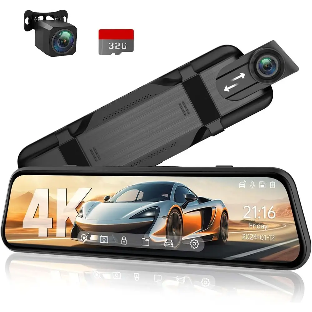 

10 4K Mirror Cam with Rear View, 1080P Backup, Voice Control, Parking Monitor, Night Vision, 32GB Card