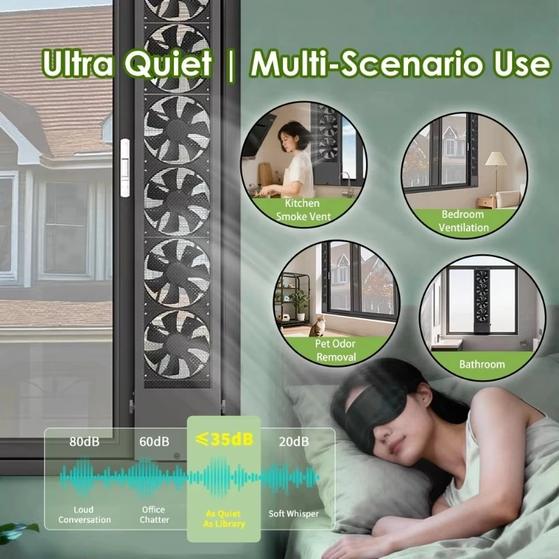Dual‑Fan Vertical Window Exhaust Fan for Sliding Window, Height‑Adjustable 98CFM Aluminum Frame Living Room Odor Vent Device