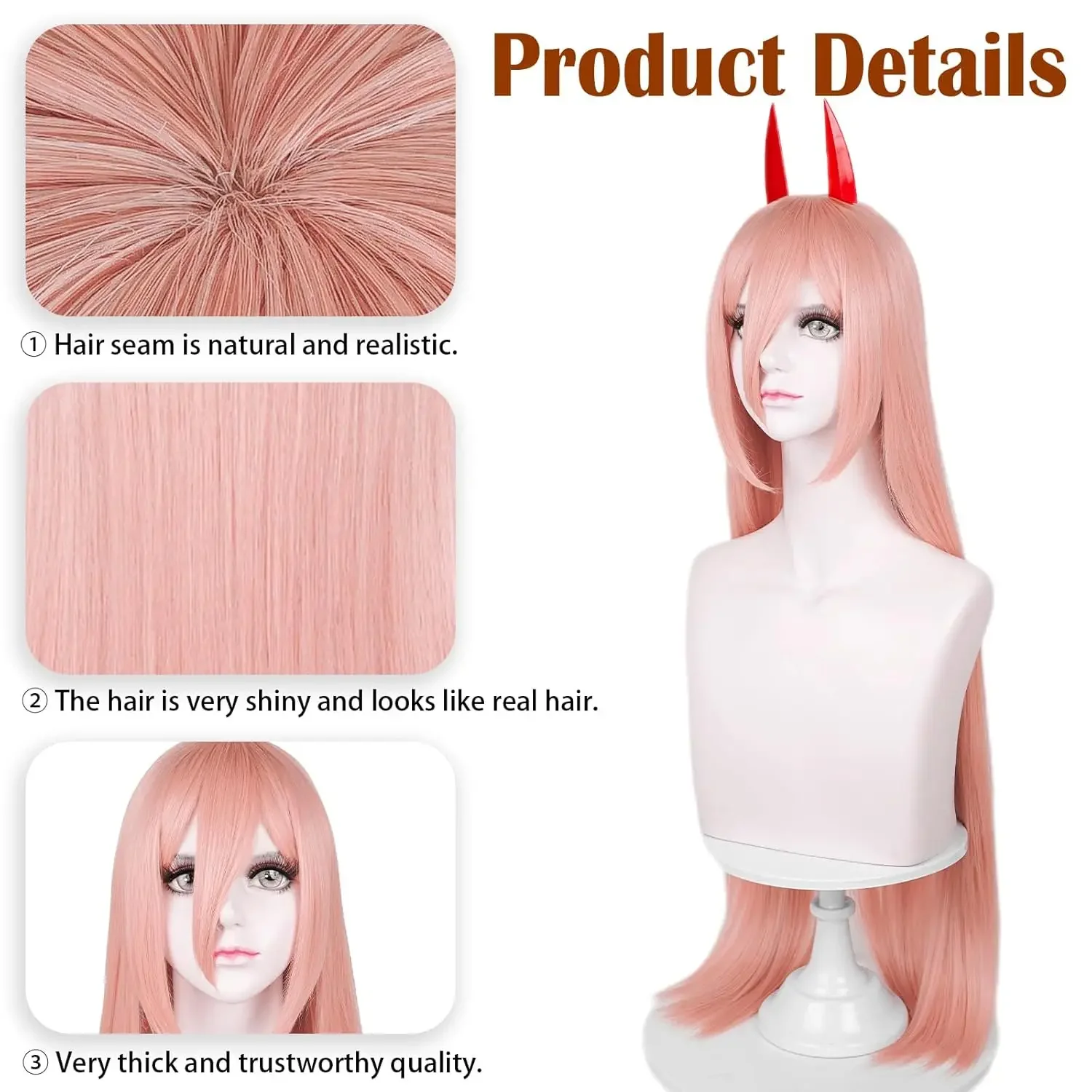 Perruque de Cosplay Orange avec cornes pour femmes et filles, cheveux longs et lisses, Anime gingembre, avec frange