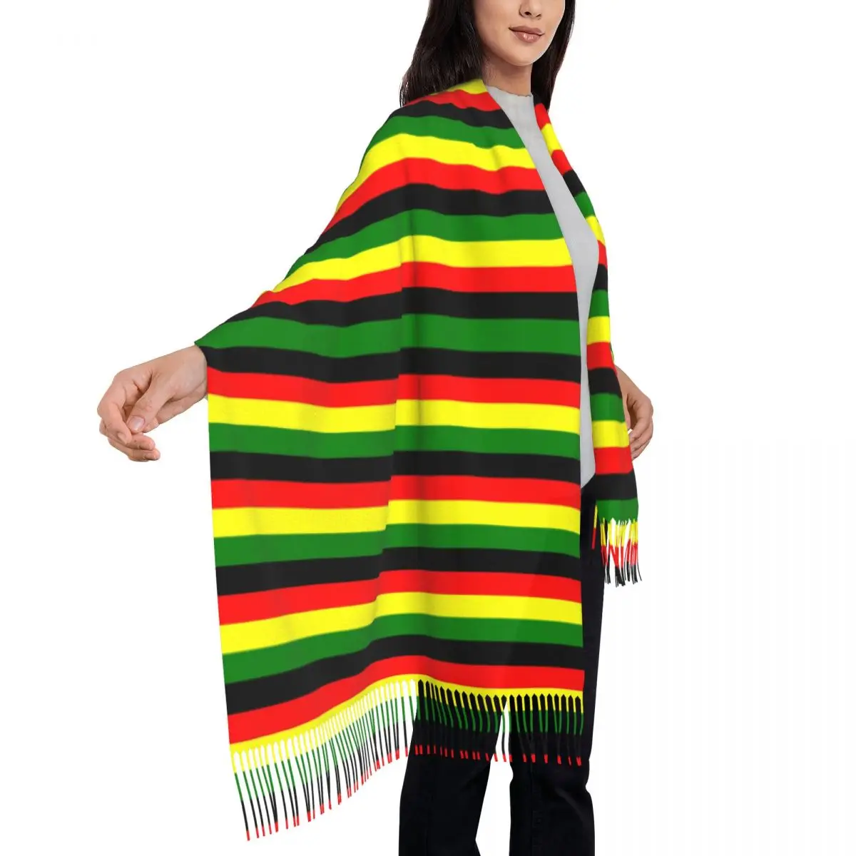 Rasta Colors Red Green Gold Bright Colored Striped Tassel Scarf Women Soft Jamaican Shawl Wrap Female Winter Fall Scarves