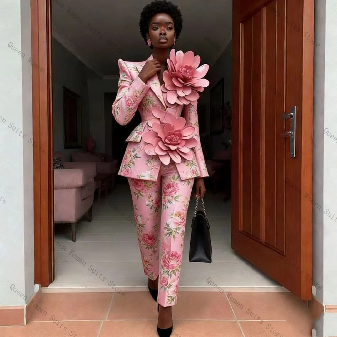 

Pink Printed Women Suit Pants Set 2 Pcs Blazer+Trousers 3D Flower Prom Formal Office Lady Jacket Wedding Coat Customized